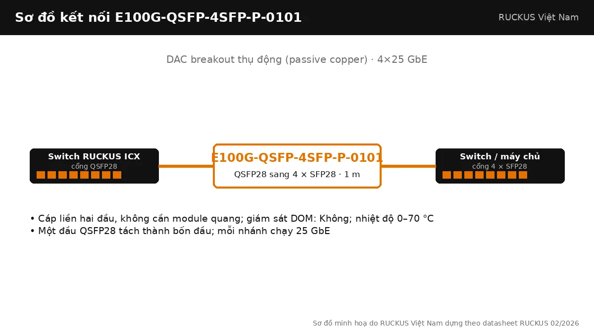 Sơ đồ kết nối cáp E100G-QSFP-4SFP-P-0101: dac breakout thụ động (passive copper), QSFP28 sang 4 × SFP28, dài 1 m