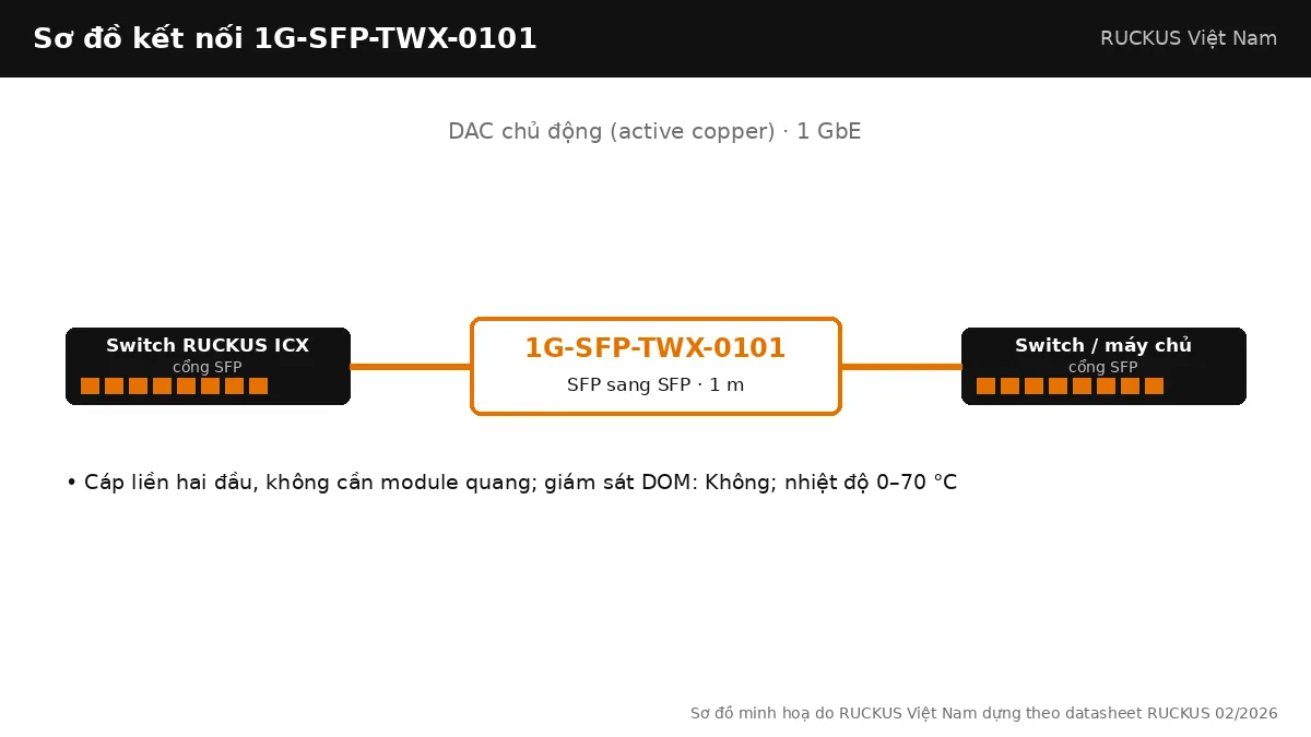Sơ đồ kết nối cáp 1G-SFP-TWX-0101: dac chủ động (active copper), SFP sang SFP, dài 1 m Sơ đồ kết nối cáp 1G-SFP-TWX-0101: dac chủ động (active copper), SFP sang SFP, dài 1 m