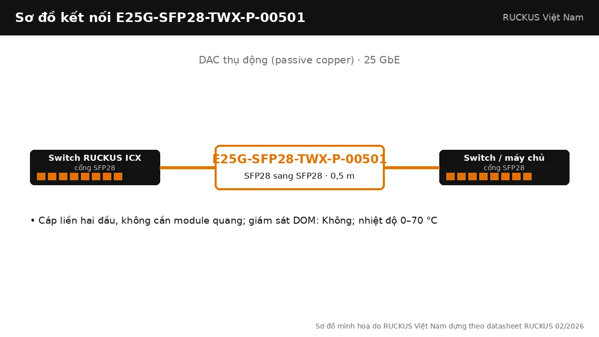 Sơ đồ kết nối cáp E25G-SFP28-TWX-P-00501: dac thụ động (passive copper), SFP28 sang SFP28, dài 0,5 m Sơ đồ kết nối cáp E25G-SFP28-TWX-P-00501: dac thụ động (passive copper), SFP28 sang SFP28, dài 0,5 m