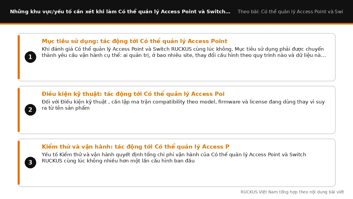 Các yếu tố cần xét khi làm Có thể quản lý Access Point và Switch RUCKUS cùng lúc không: Mục tiêu sử dụng: tác động tới C