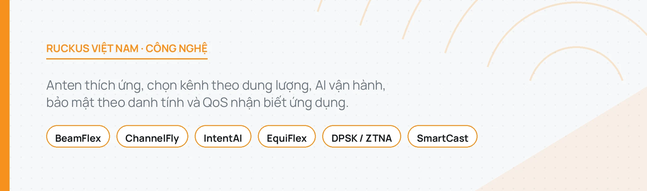 Công nghệ độc quyền của RUCKUS: BeamFlex, ChannelFly, IntentAI, EquiFlex, DPSK, ZTNA và SmartCast