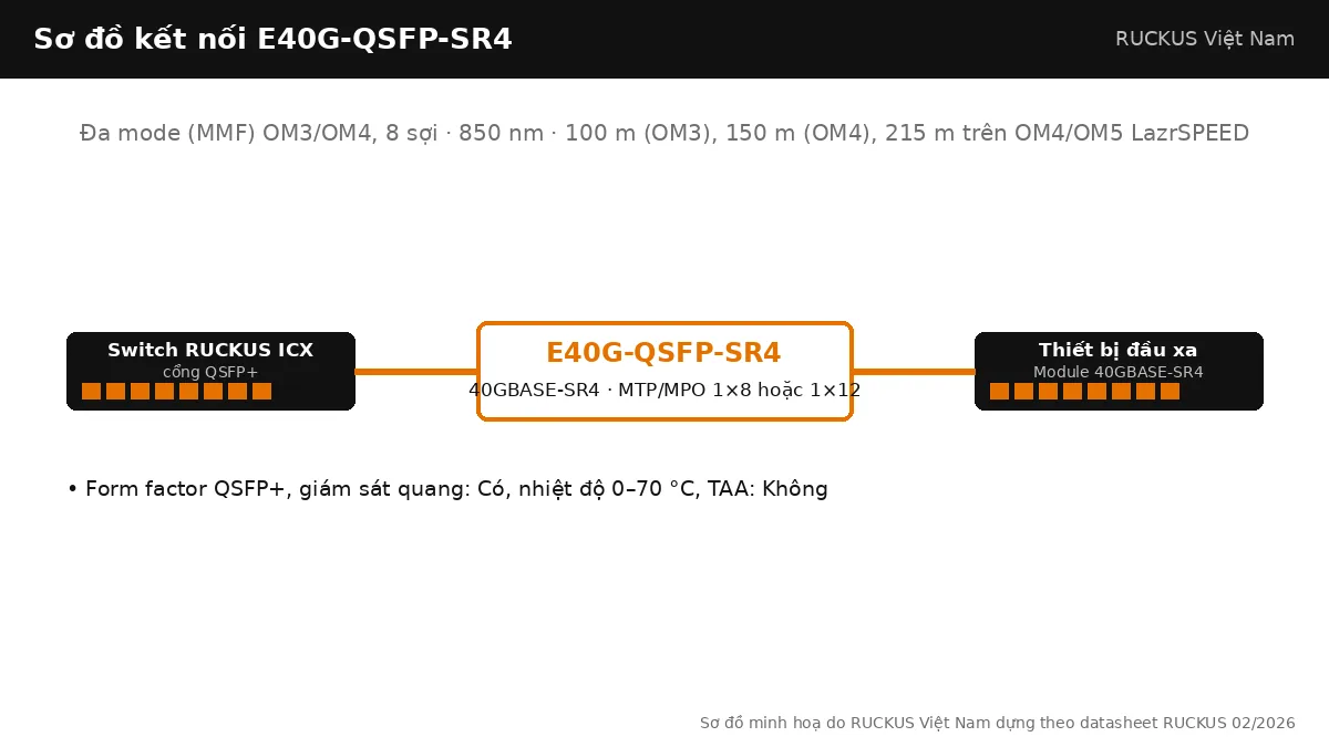 Sơ đồ kết nối E40G-QSFP-SR4: 40GBASE-SR4, đa mode (mmf) om3/om4, 8 sợi, tối đa 100 m (OM3), 150 m (OM4), 215 m trên OM4/OM5 LazrSPEED Sơ đồ kết nối E40G-QSFP-SR4: 40GBASE-SR4, đa mode (mmf) om3/om4, 8 sợi, tối đa 100 m (OM3), 150 m (OM4), 215 m trên OM4/OM5 LazrSPEED