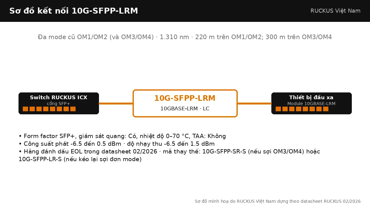 Sơ đồ kết nối 10G-SFPP-LRM: 10GBASE-LRM, đa mode cũ om1/om2 (và om3/om4), tối đa 220 m trên OM1/OM2; 300 m trên OM3/OM4