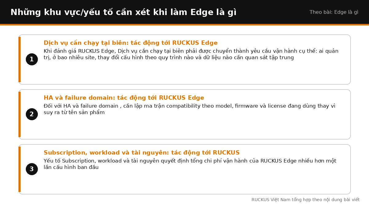Các yếu tố cần xét khi làm Edge là gì: Dịch vụ cần chạy tại biên: tác động tới RUCKUS Edge, HA và failure domain: tác độ